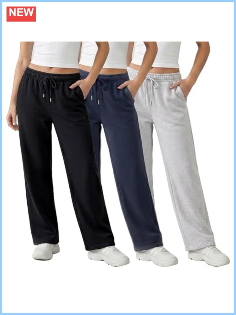 Straight Leg Fleece Sweatpants with Pockets Pull On Drawstring 3 Pack